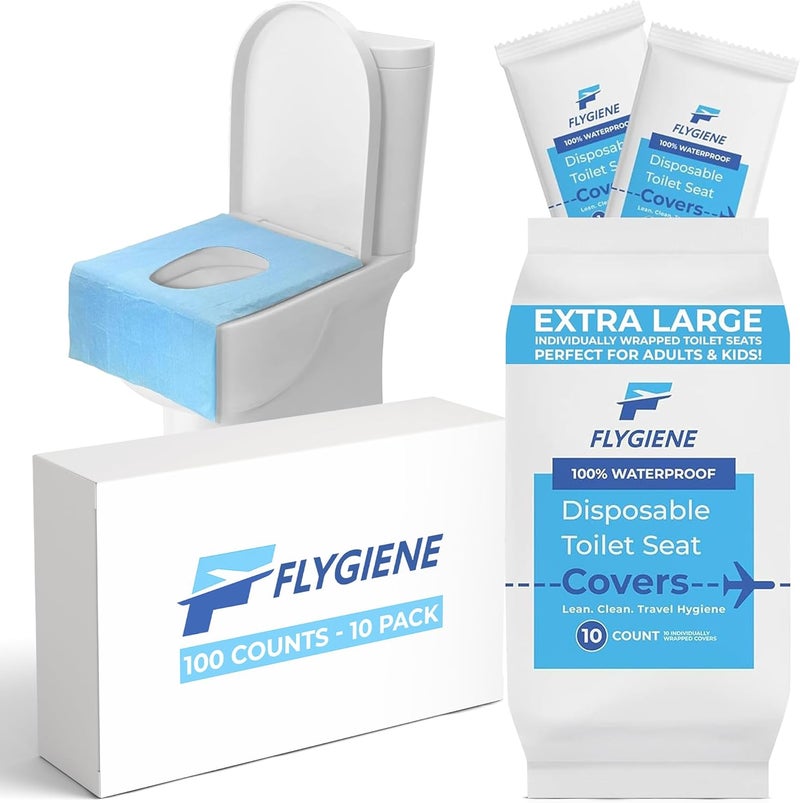 FLYGIENE Disposable Toilet Seat Covers for Travel – Waterproof, Tear-Resistant XL Toilet Liners with 2 Layers of Protection – Individually Wrapped Travel Size Toiletries - 100 Count (10 Packs of 10) - Image 1